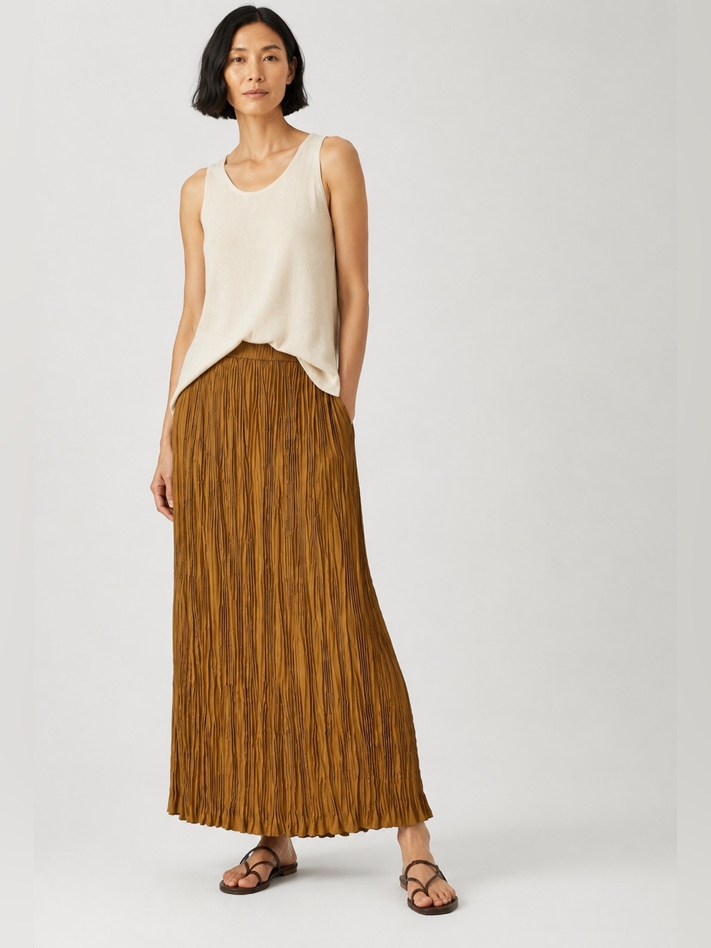 Eileen Fisher Bronze Silk Crinkle Crushed Pleated Pull on Maxi skirt XXS